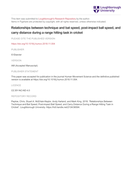 Relationships Between Technique and Bat Speed, Post-Impact Ball Speed, and Carry Distance During a Range Hitting Task in Cricket