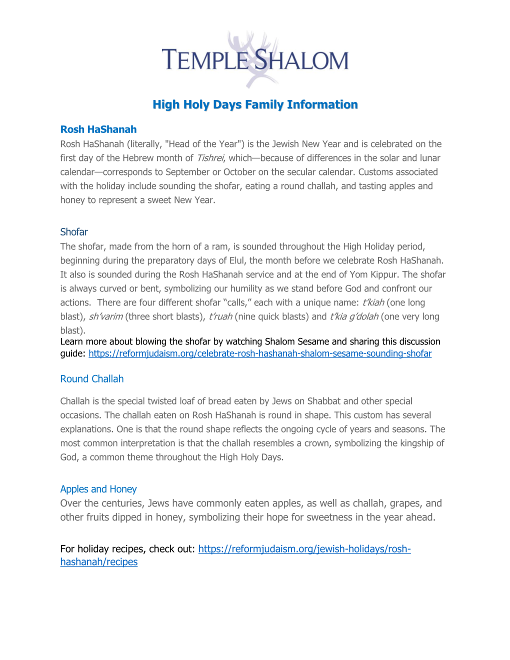 High Holy Days Family Information