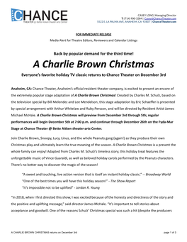 A Charlie Brown Christmas Everyone’S Favorite Holiday TV Classic Returns to Chance Theater on December 3Rd