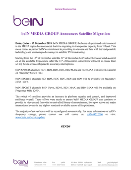 Bein MEDIA GROUP Announces Satellite Migration