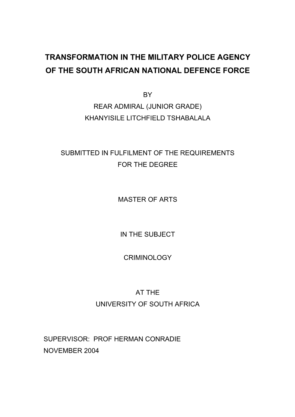 Transformation in the Military Police Agency of the South African National Defence Force