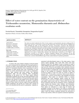 Effect of Water Content on the Germination Characteristics of Trichosanthes Cucumerina, Momocardia Charantia and Abelmoschus Esculentus Seeds