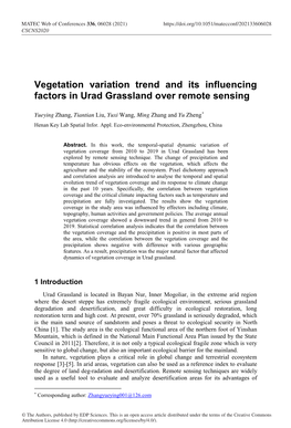 Vegetation Variation Trend and Its Influencing Factors in Urad Grassland Over Remote Sensing