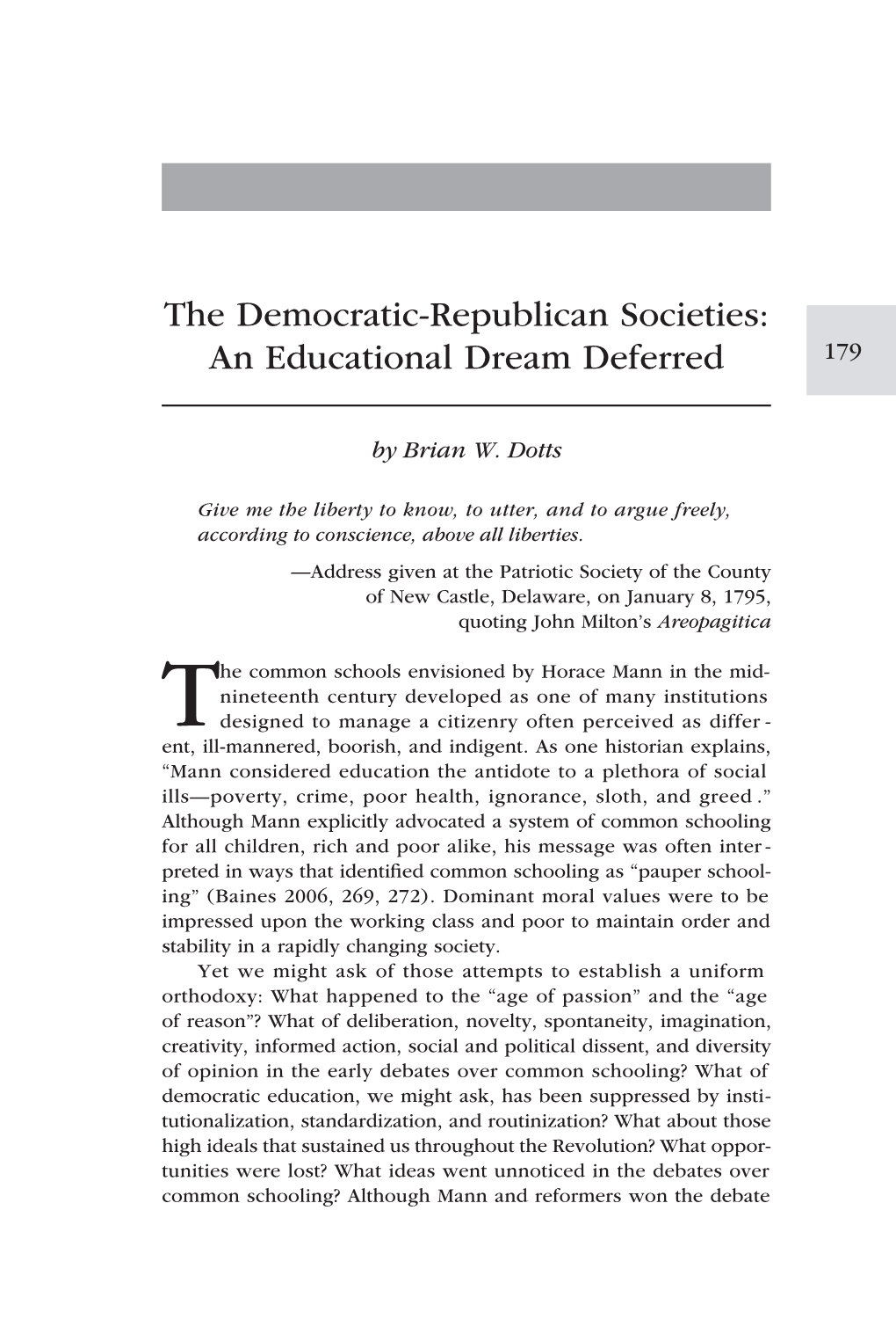 The Democratic-Republican Societies: an Educational Dream Deferred 179