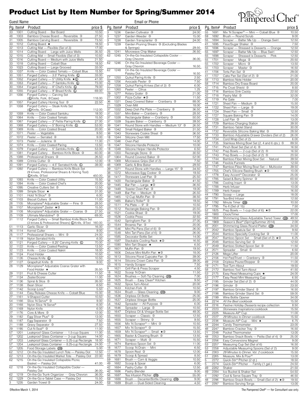 Spring 2014 Product List by Item Number