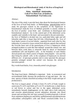 Histological and Histochemical Study of the Liver of Iraqi Local Ducks Maha