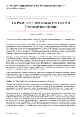 The PNAC (1997–2006) and the Post-Cold War 'Neoconservative Moment' Written by Pierre Bourgois