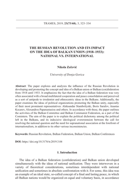 The Russian Revolution and Its Impact on the Idea of Balkan Union (1918–1933): National Vs