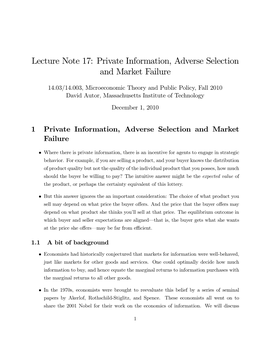 Private Information, Adverse Selection and Market Failure