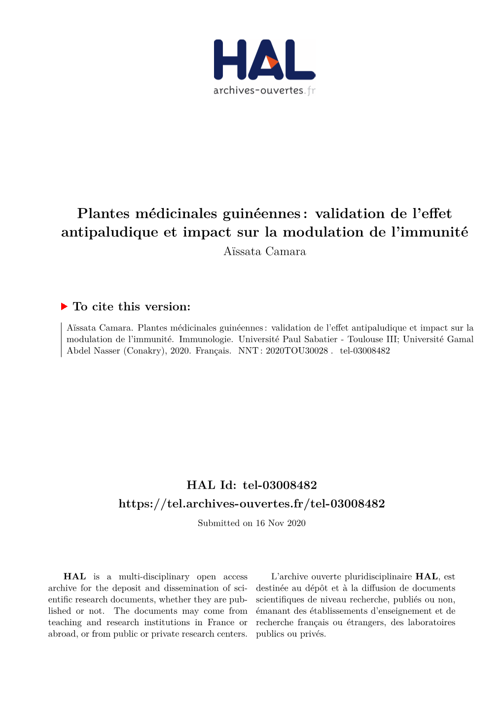 Plantes Médicinales Guinéennes : Validation De L’Effet Antipaludique Et Impact Sur La Modulation De L’Immunité Aïssata Camara