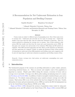 A Recommendation for Net Undercount Estimation in Iran Population and Dwelling Censuses