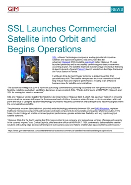 SSL Launches Commercial Satellite Into Orbit and Begins Operations