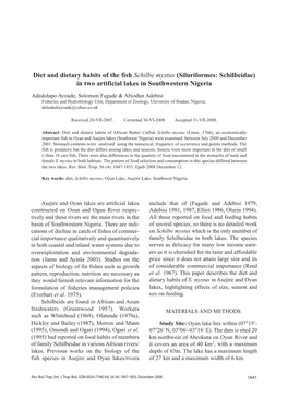 Diet and Dietary Habits of the Fish Schilbe Mystus (Siluriformes: Schilbeidae) in Two Artificial Lakes in Southwestern Nigeria