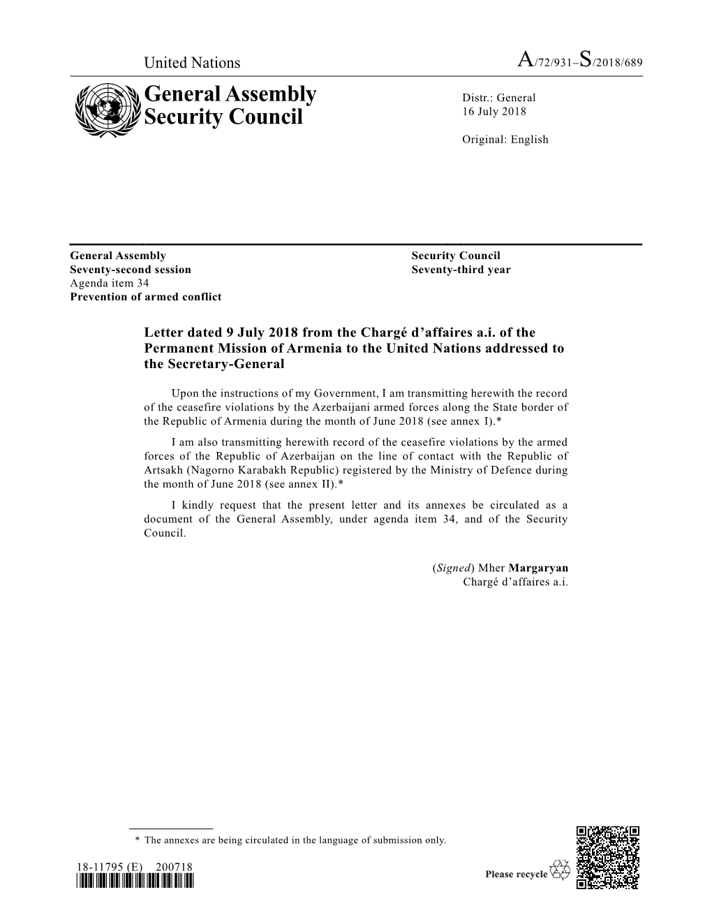 General Assembly Security Council Seventy-Second Session Seventy-Third Year Agenda Item 34 Prevention of Armed Conflict