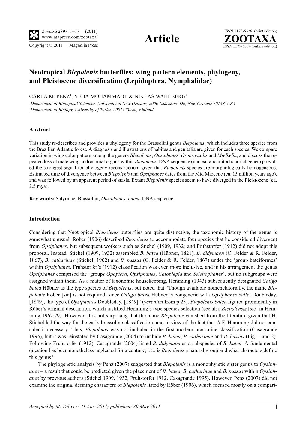 Neotropical Blepolenis Butterflies: Wing Pattern Elements, Phylogeny, and Pleistocene Diversification (Lepidoptera, Nymphalidae)