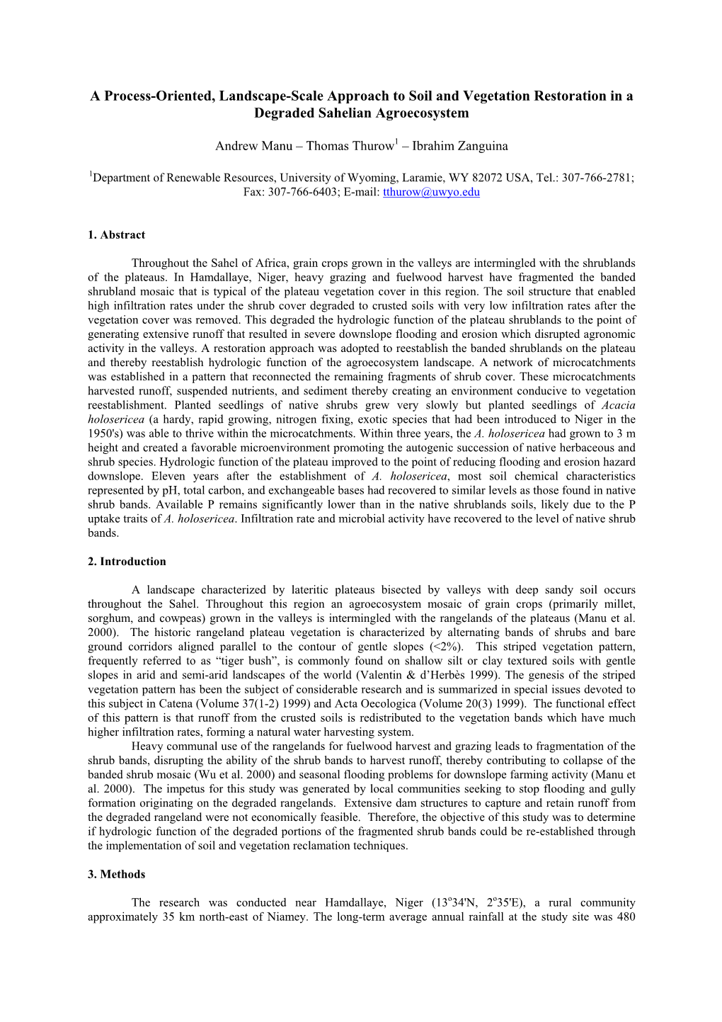 A Process-Oriented, Landscape-Scale Approach to Soil and Vegetation Restoration in a Degraded Sahelian Agroecosystem