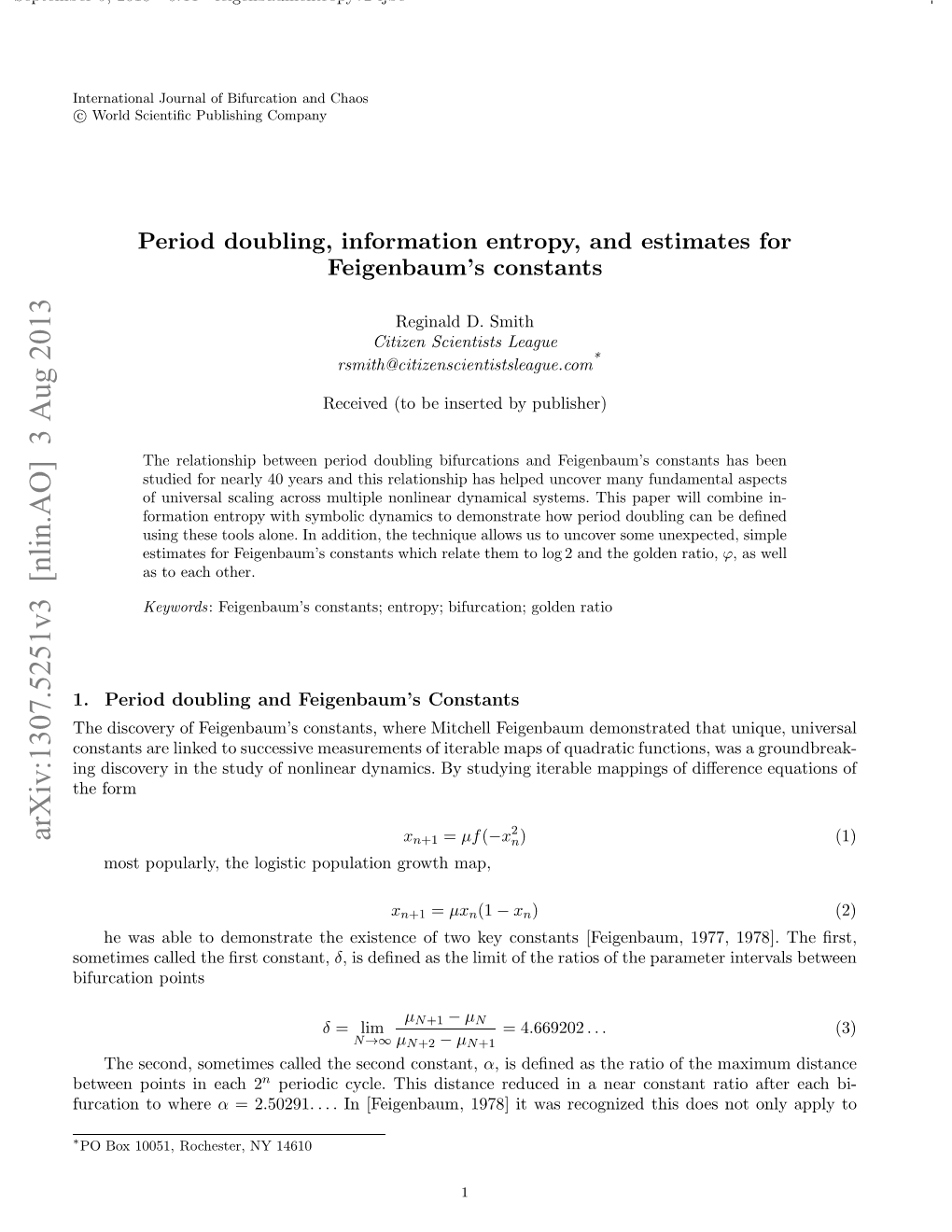 Period Doubling, Information Entropy, and Estimates for Feigenbaum's Constants