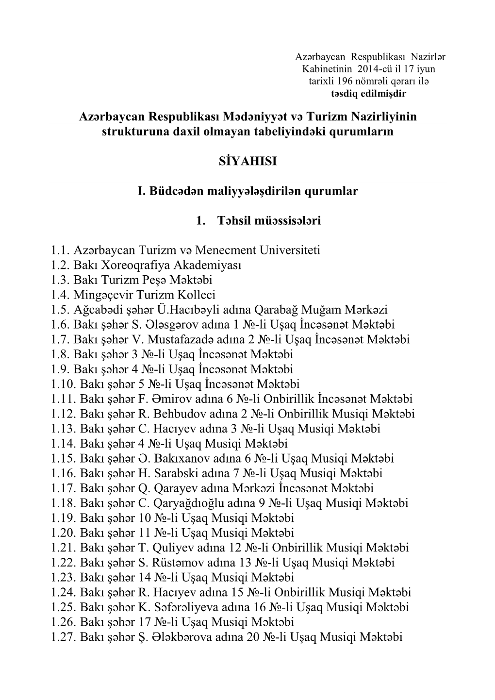 Azərbaycan Respublikası Nazirlər Kabinetinin 2014-Cü Il 17 Iyun Tarixli 196 Nömrəli Qərarı Ilə Təsdiq Edilmişdir