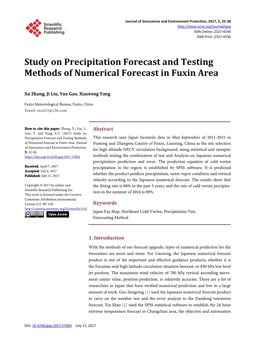 Study on Precipitation Forecast and Testing Methods of Numerical Forecast in Fuxin Area