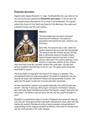 Elizabethan Government. England Under Queen Elizabeth I's Reign, The