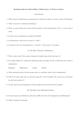 Reading Guide for Morris Kline's Mathematics in Western Culture I