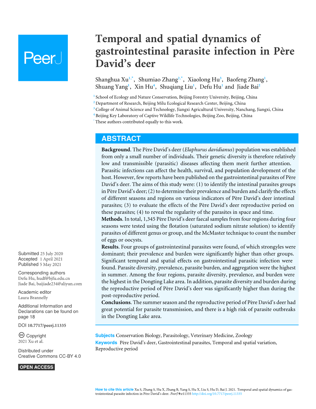 Temporal and Spatial Dynamics of Gastrointestinal Parasite Infection in Père David’S Deer