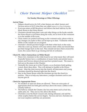 Choir Parent Helper Checklist