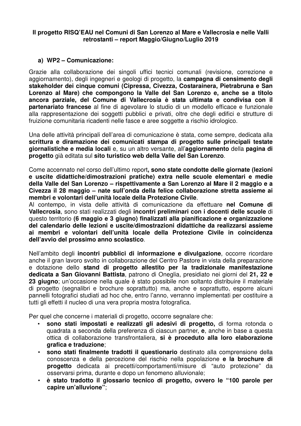 Report Risq'eau Maggio, Giugno E Luglio 2019 ITA