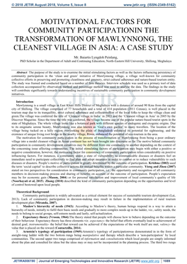 Motivational Factors for Community Participationin the Transformation of Mawlynnong, the Cleanest Village in Asia: a Case Study