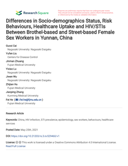 Differences in Socio-Demographics Status, Risk Behaviours, Healthcare Uptake and HIV/Stis Between Brothel-Based and Street-Based Female Sex Workers in Yunnan, China