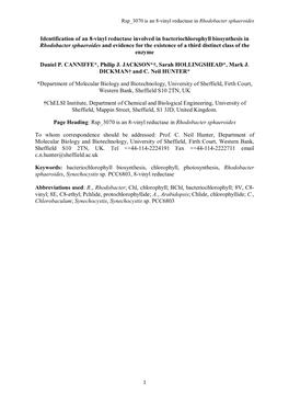 Identification of an 8-Vinyl Reductase Involved in Bacteriochlorophyll Biosynthesis in Rhodobacter Sphaeroides and Evidence