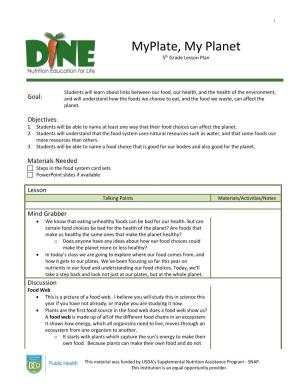 Myplate, My Planet 5Th Grade Lesson Plan