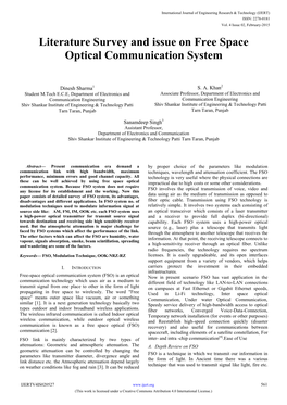 Literature Survey and Issue on Free Space Optical Communication System