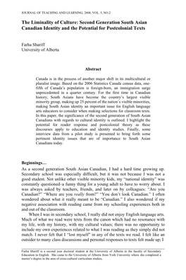 The Liminality of Culture: Second Generation South Asian Canadian Identity and the Potential for Postcolonial Texts