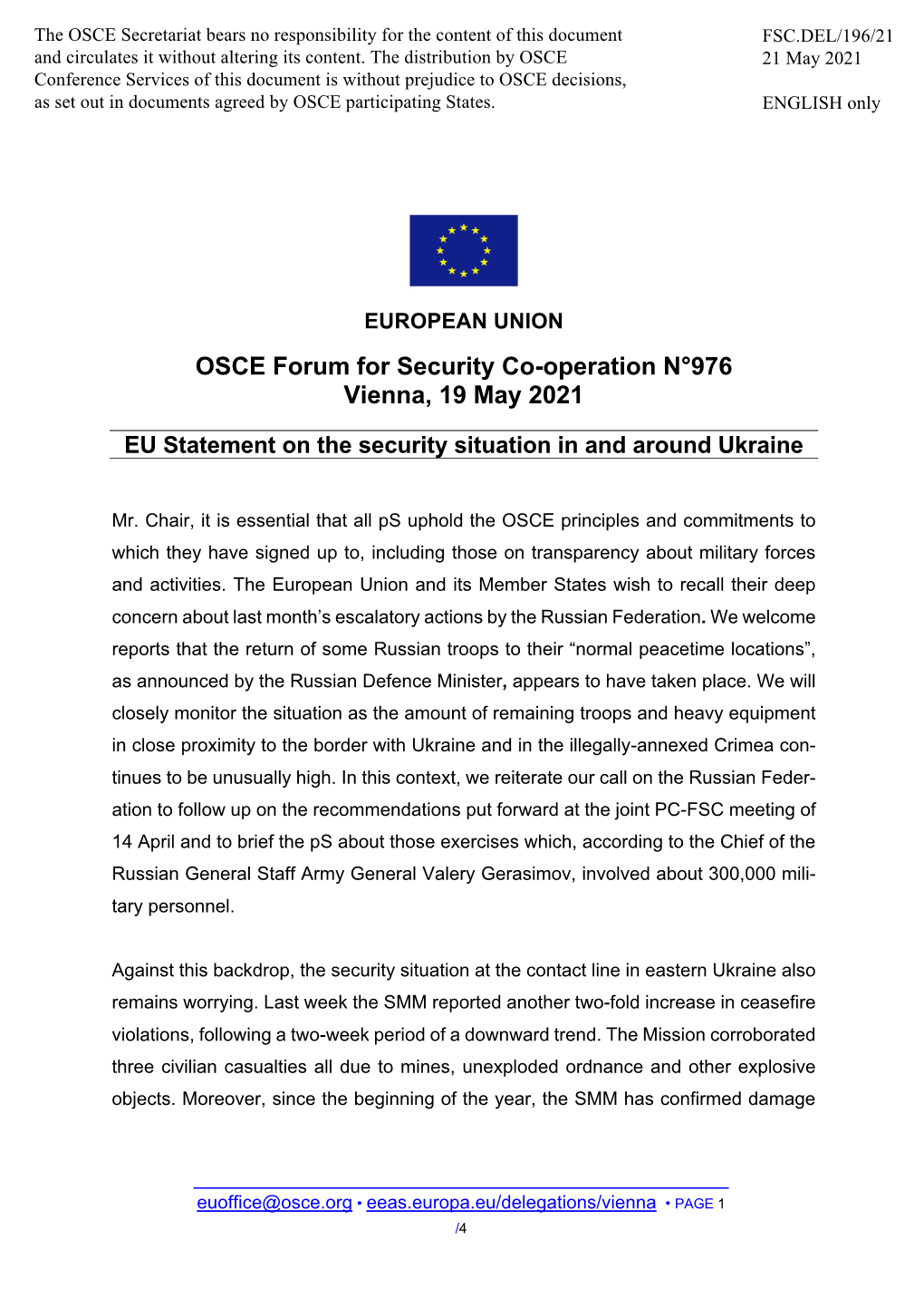 OSCE Forum for Security Co-Operation N°976 Vienna, 19 May 2021