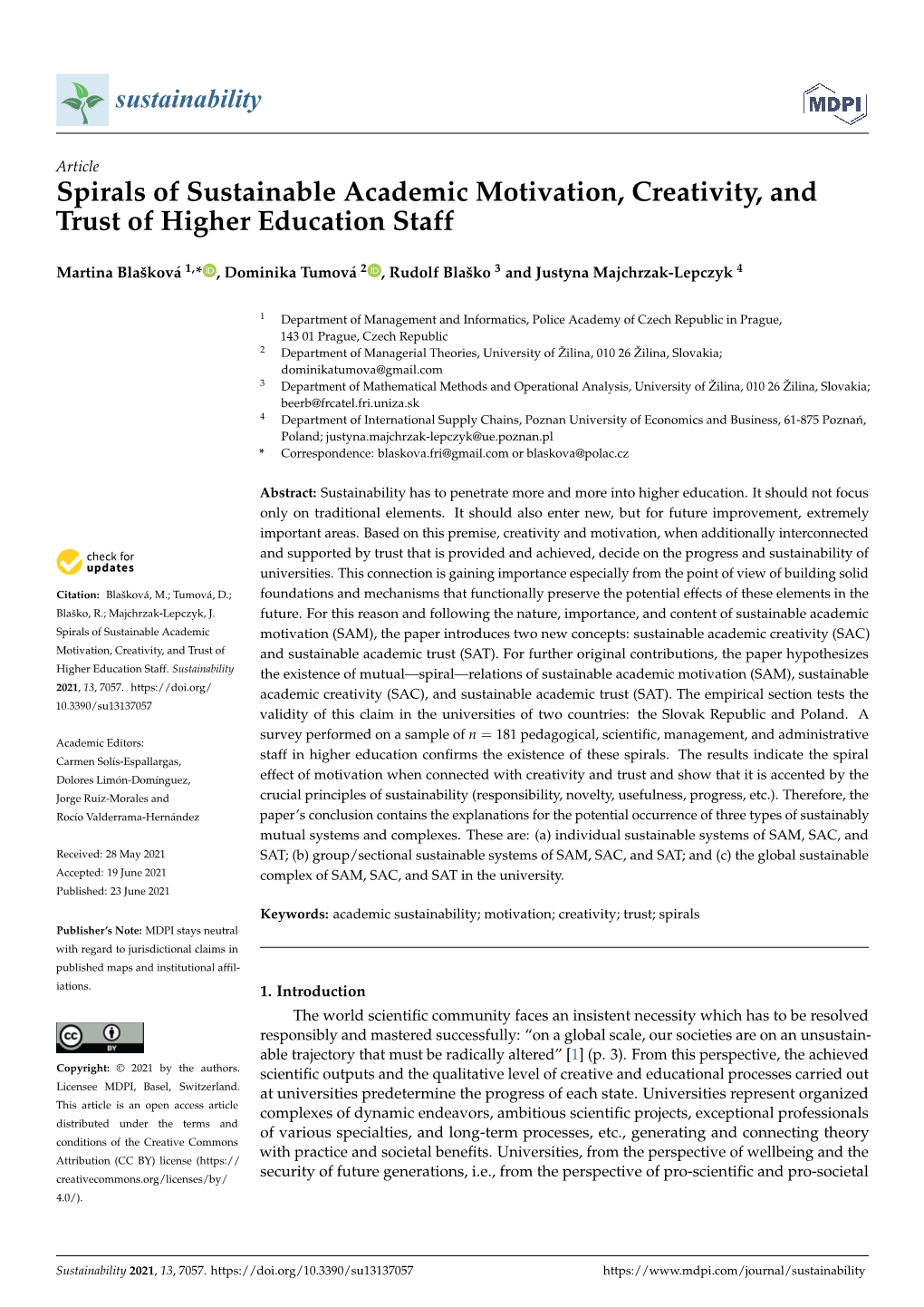 Spirals of Sustainable Academic Motivation, Creativity, and Trust of Higher Education Staff