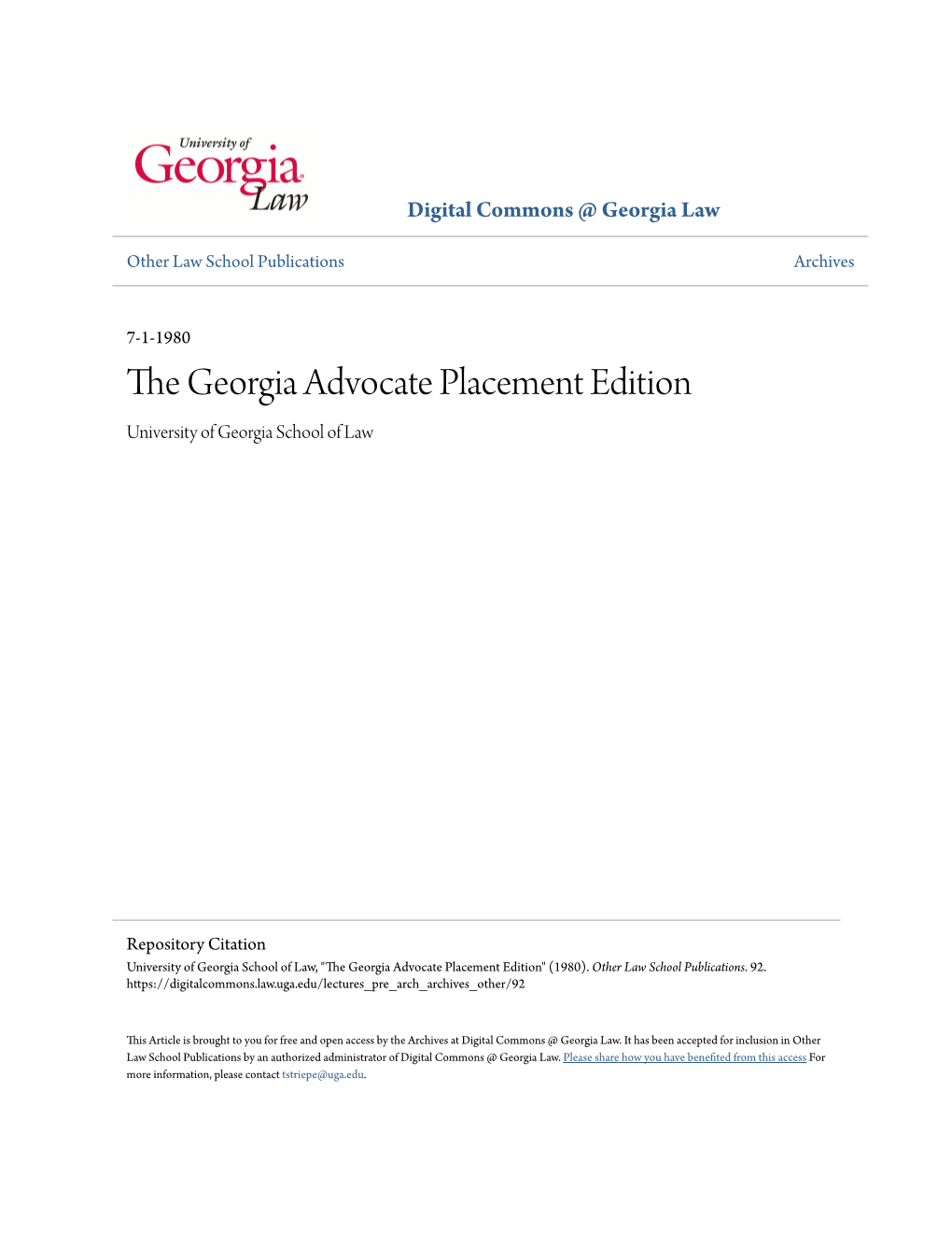 The Georgia Advocate Placement Edition University of Georgia School of Law