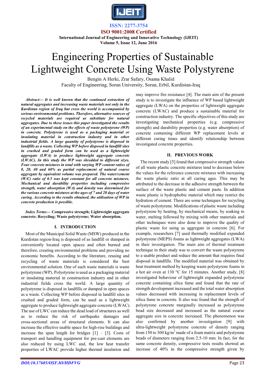 Engineering Properties of Sustainable Lightweight Concrete Using Waste