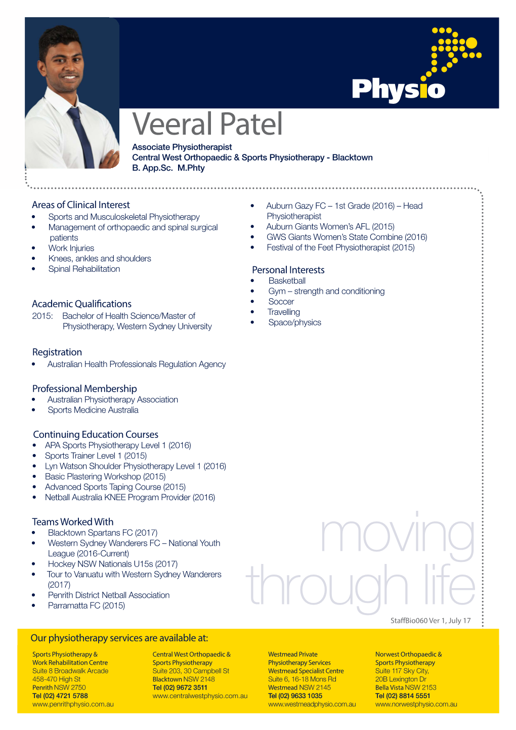 Veeral Patel Associate Physiotherapist Central West Orthopaedic & Sports Physiotherapy - Blacktown B