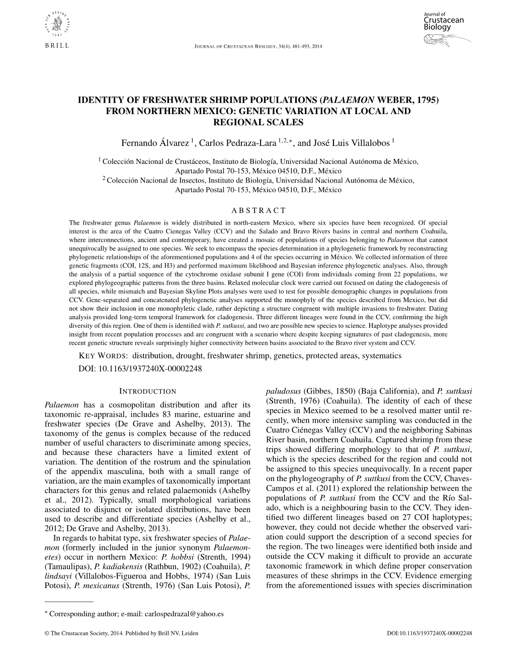 Identity of Freshwater Shrimp Populations (Palaemon Weber, 1795) from Northern Mexico: Genetic Variation at Local and Regional Scales