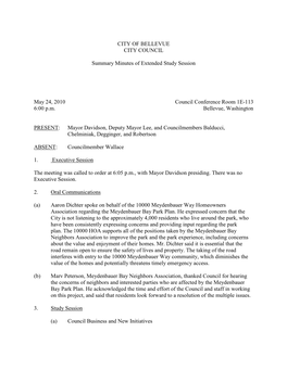 CITY of BELLEVUE CITY COUNCIL Summary Minutes of Extended