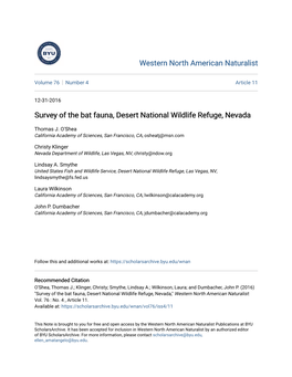 Survey of the Bat Fauna, Desert National Wildlife Refuge, Nevada