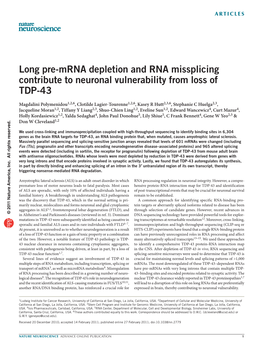 Long Pre-Mrna Depletion and RNA Missplicing Contribute to Neuronal Vulnerability from Loss of TDP-43