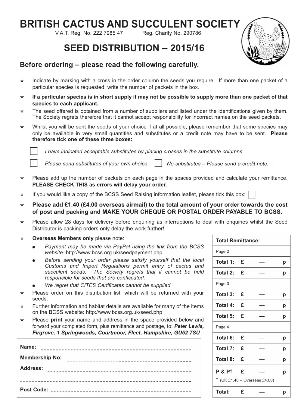 Seed List Order Form for 2015-2016