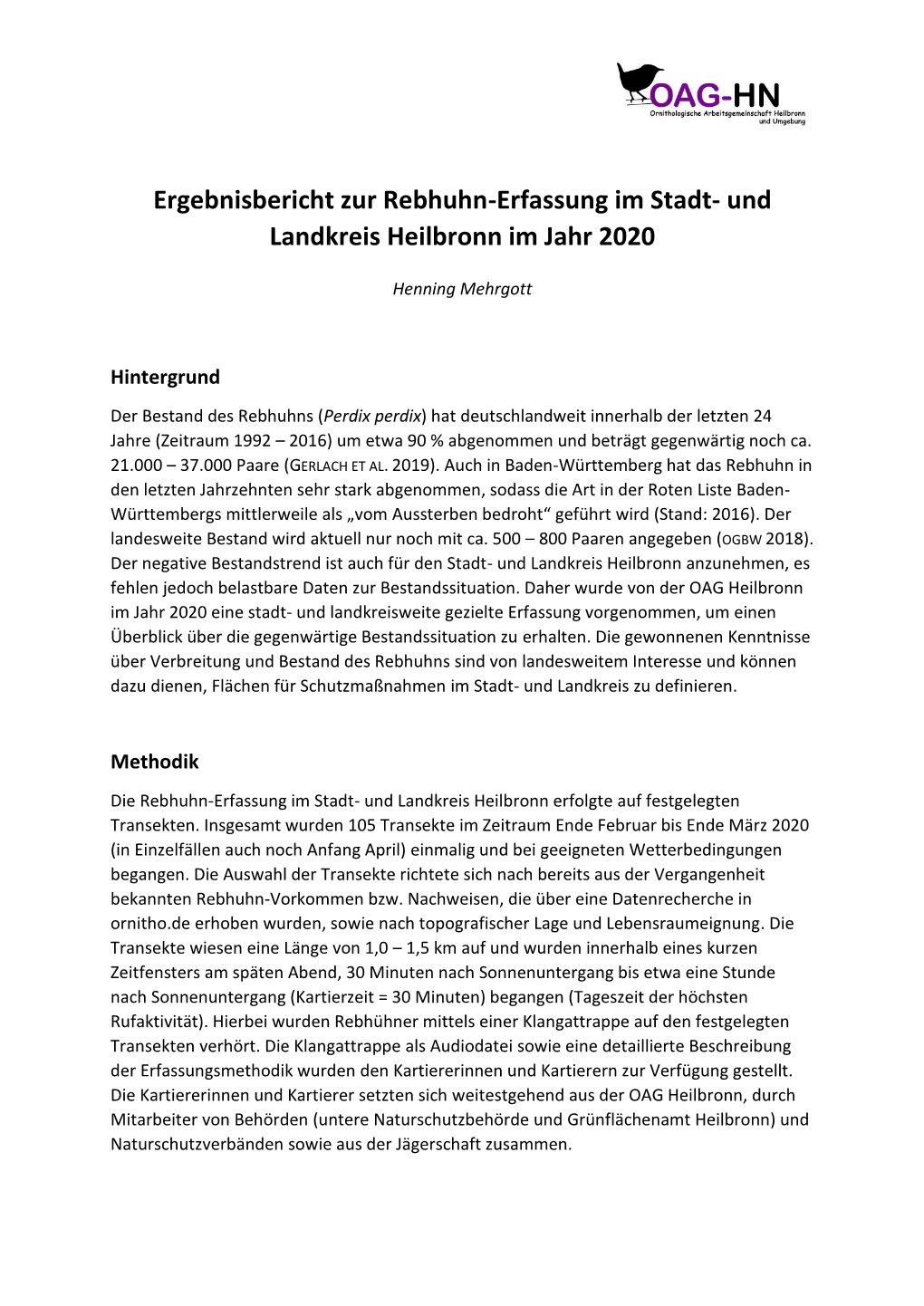 Ergebnisbericht Zur Rebhuhn-Erfassung Im Stadt- Und Landkreis Heilbronn Im Jahr 2020