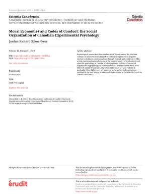 Moral Economies and Codes of Conduct: the Social Organization of Canadian Experimental Psychology Jordan Richard Schoenherr