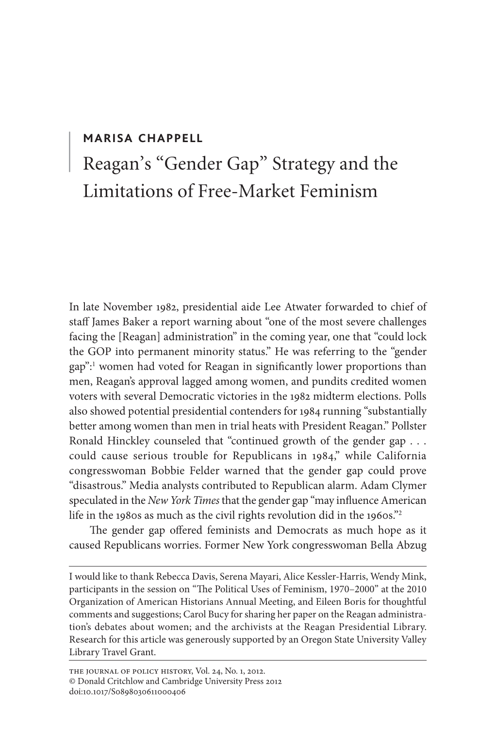 Reagan's “Gender Gap” Strategy and the Limitations of Free-Market Feminism