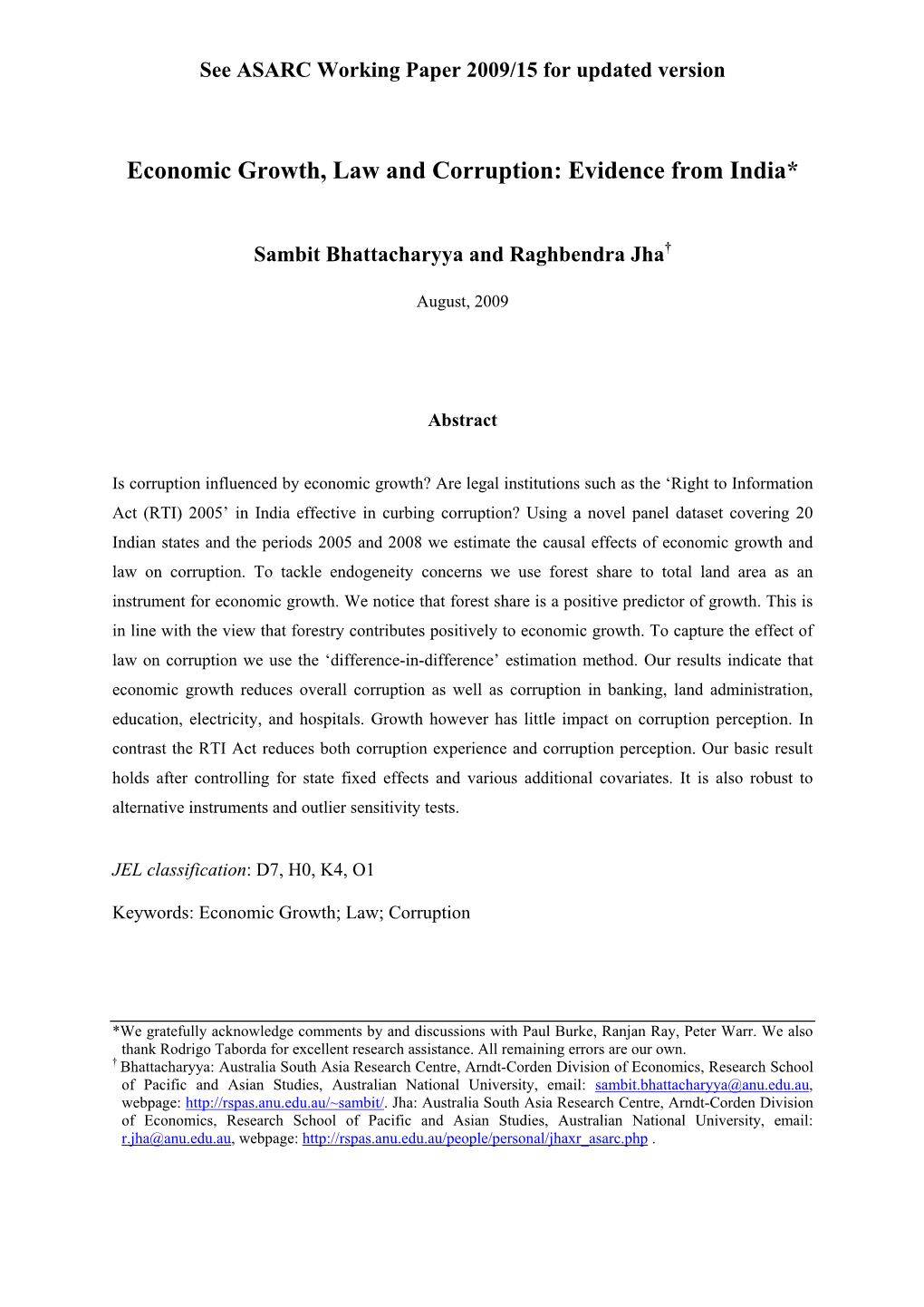 Economic Growth, Law and Corruption: Evidence from India*