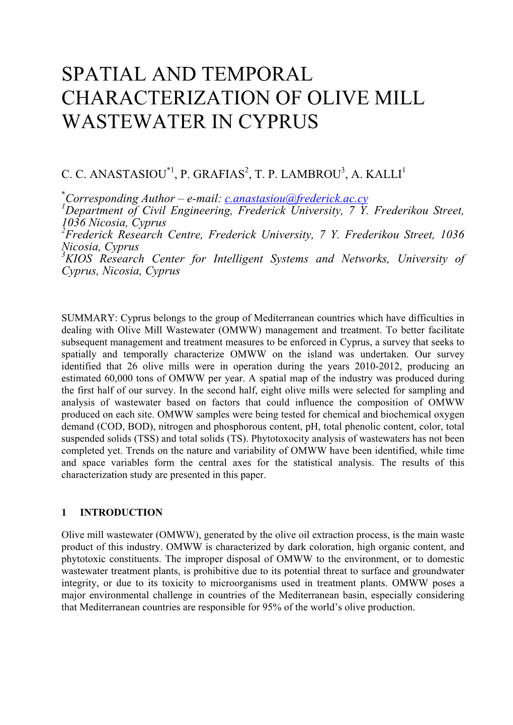 Spatial and Temporal Characterization of Olive Mill Wastewater in Cyprus