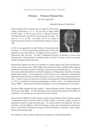 Obituary: Professor Rustum Roy July 1924~August 2010